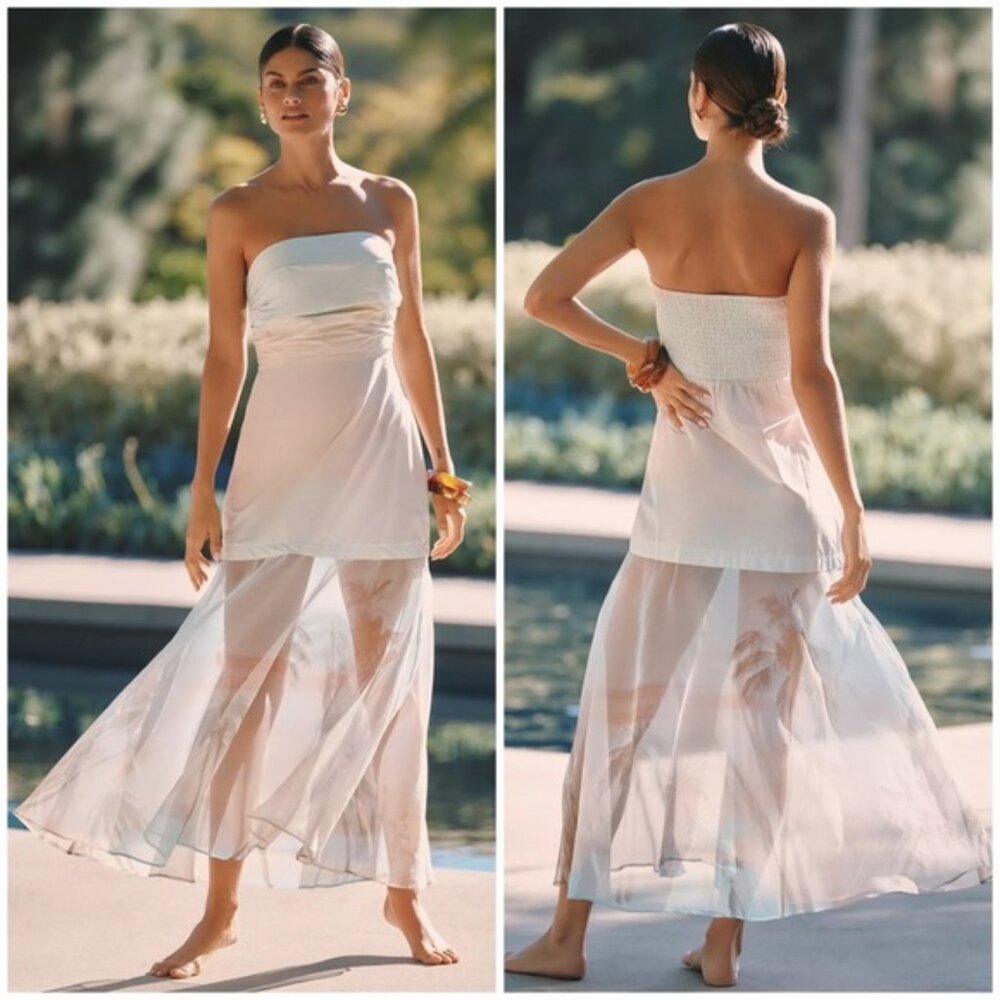 🌴 Anthropologie Celandine Beach Break Strapless Overlay Beach Scene Maxi Dress